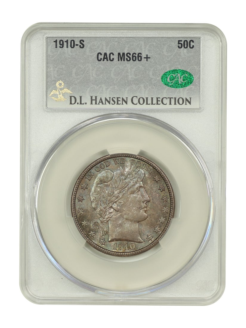 Hansen 1910-S 50C CACG MS66+ ex: D.L.: Hansen 1910-S 50C CACG MS66+ ex: D.L. Experience the beauty of a rare 1910-S Barber Half Dollar, certified MS66+ by CACG and graded uncirculated. With its striking design and high-grade condition, thi