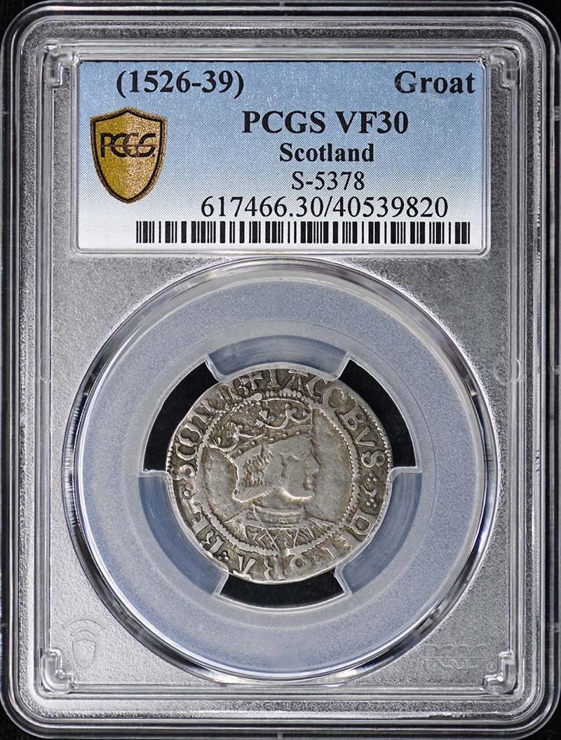 VF30 1526-39 Groat Scotland S-5378 PCGS: VF30 1526-39 Groat Scotland S-5378 PCGS A rare and historic Scottish coin, the VF30 1526-39 Groat Scotland S-5378 PCGS, is up for auction. This circulated example boasts a high grade of VF30 from the