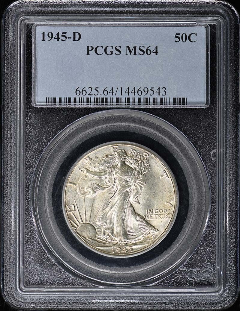 1945-D Walking Liberty Half Dollar MS64 PCGS: 1945-D Walking Liberty Half Dollar MS64 PCGS A rare and beautiful 1945-D Walking Liberty Half Dollar, certified MS64 by PCGS, is up for auction. This uncirculated coin boasts stunning details and a ri