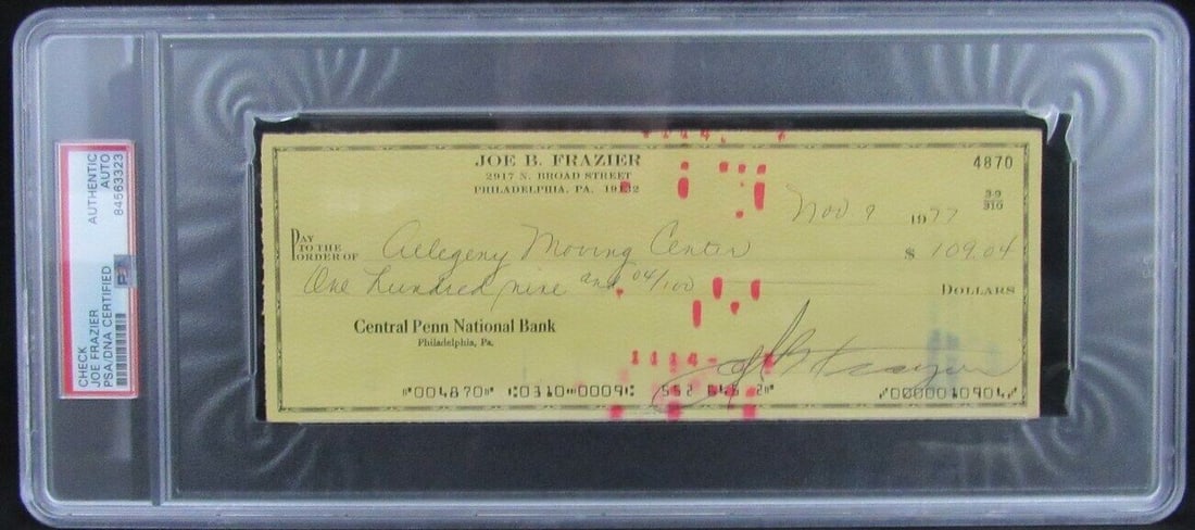 167500 Joe Frazier Boxing Champ Signed/ Autographed 1977 Bank Check PSA/ DNA: 167500 Joe Frazier Boxing Champ Signed/ Autographed 1977 Bank Check PSA/ DNA Get ready to own a piece of boxing history with this autographed 1977 bank check signed by the legendary Joe Frazier, widel