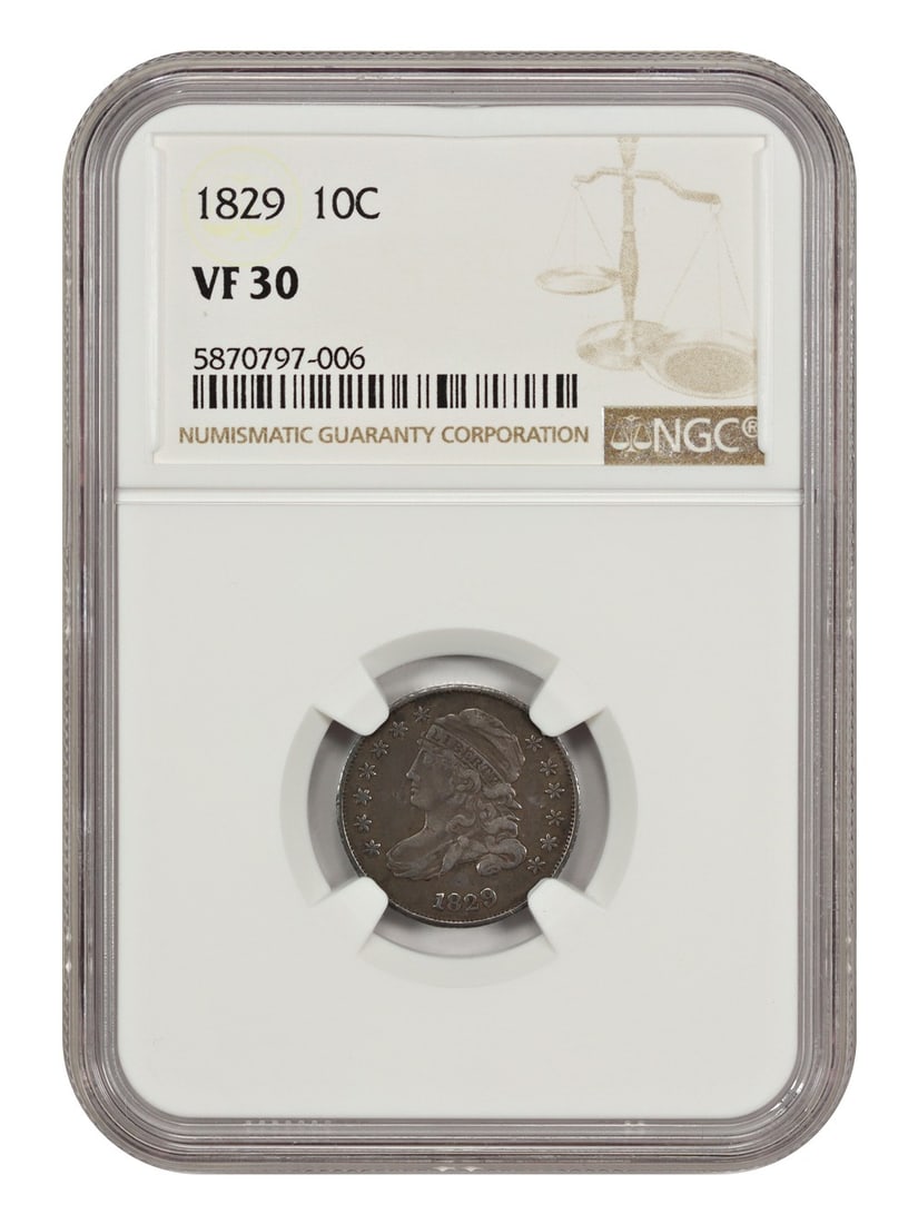 1829 Capped Bust Dime, NGC VF30: 1829 Capped Bust Dime, NGC VF30 Get your hands on a rare piece of American numismatic history - the 1829 Capped Bust Dime, graded VF30 by the NGC. This circulated coin is a stunning example of early U