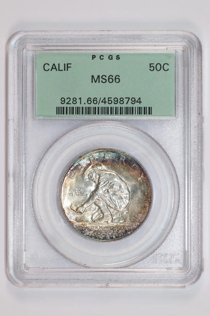 GORGEOUS 1925-S CALIFRONIA COMMEMORATIVE HALF DOLLAR PCGS MS66 OGH: GORGEOUS 1925-S CALIFRONIA COMMEMORATIVE HALF DOLLAR PCGS MS66 OGH Experience the beauty of American numismatics with this stunning 1925-S California Commemorative Half Dollar, graded MS66 by PCGS and