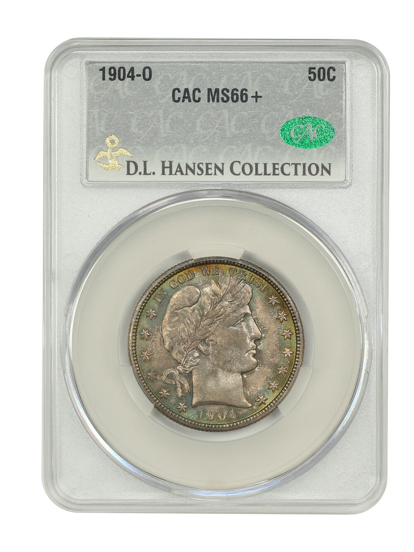 1904-O 50C CACG MS66+ Ex D.L. Hansen: 1904-O 50C CACG MS66+ Ex D.L. Hansen A rare and highly sought-after 1904-O Barber Half Dollar, graded MS66+ by the CACG, boasts exceptional condition with minimal wear. This circulated coin has been c