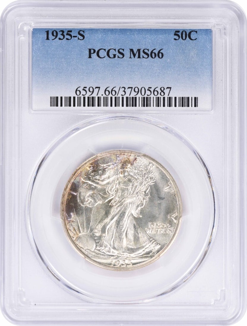 1935-S Walking Liberty Half Dollar MS66 PCGS: 1935-S Walking Liberty Half Dollar MS66 PCGS Experience the iconic design of Adolph Alexander Weinman's Walking Liberty Half Dollar, minted in 1935 and graded MS66 by PCGS. This stunning example boast