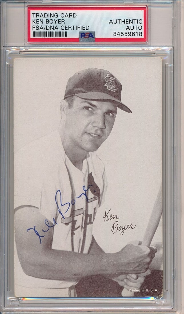 Ken Boyer Cardinals Signed 3.5x5.5 B&W Exhibit Postcard (PSA/ DNA 167749): Ken Boyer Cardinals Signed 3.5x5.5 B&W Exhibit Postcard (PSA/ DNA 167749) Meet the legendary Ken Boyer, signed in black and white on a rare 3.5x5.5 exhibit postcard. This authentic autographed collect