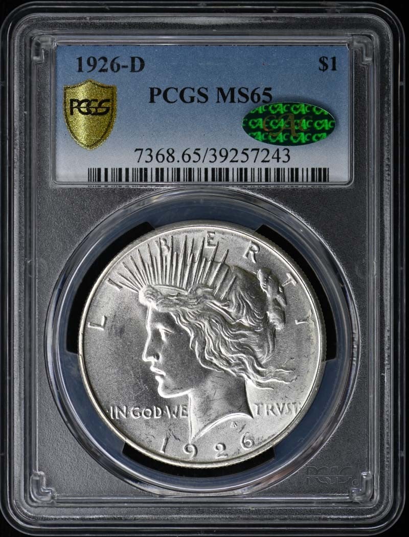 1926-D Peace Dollar MS65 PCGS CAC: 1926-D Peace Dollar MS65 PCGS CAC Experience the iconic 1926-D Peace Dollar, certified MS65 by PCGS and slabbed with a CAC seal of approval. As one of the rarest and most sought-after coins in circula