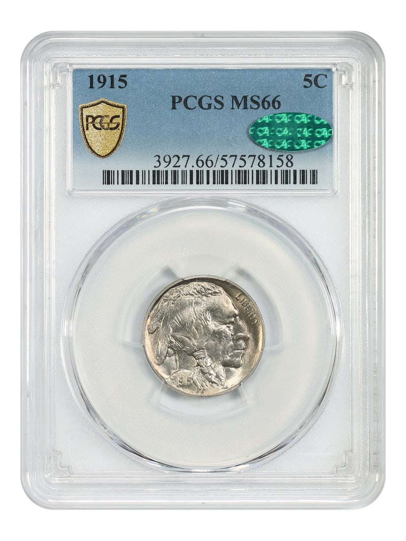 Buffalo Nickel - 1915 5C PCGS/ CAC MS66: Buffalo Nickel - 1915 5C PCGS/ CAC MS66 Experience the majesty of America's iconic Buffalo Nickel, minted in 1915 and graded MS66 by PCGS/CAC. This stunning example boasts exceptional strike quality a