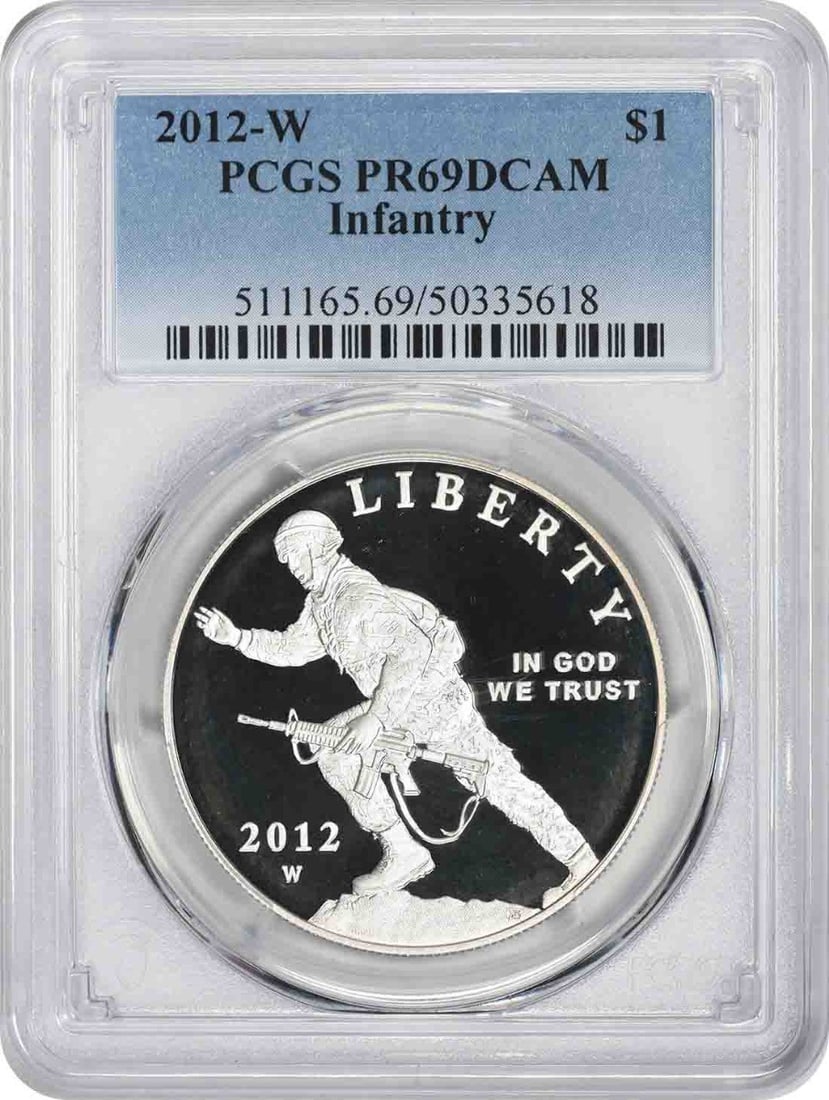 2012-W Infantry Silver Commemorative Dollar PCGS Proof 69 Deep Cameo: 2012-W Infantry Silver Commemorative Dollar PCGS Proof 69 Deep Cameo Experience the majesty of American numismatics with this stunning 2012-W Infantry Silver Commemorative Dollar, graded PR69 Deep Cam