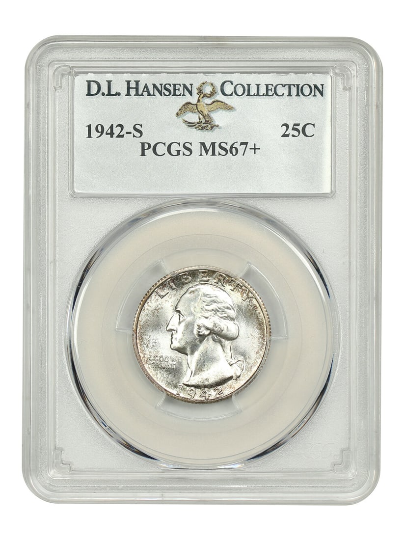 1942-S 25C PCGS MS67+ ex: D.L. Hansen - Washington Quarter Only Three Finer!: 1942-S 25C PCGS MS67+ ex: D.L. Hansen - Washington Quarter Only Three Finer! A truly exceptional Washington Quarter, graded MS67+ by PCGS and previously owned by renowned collector D.L. Hansen, is up