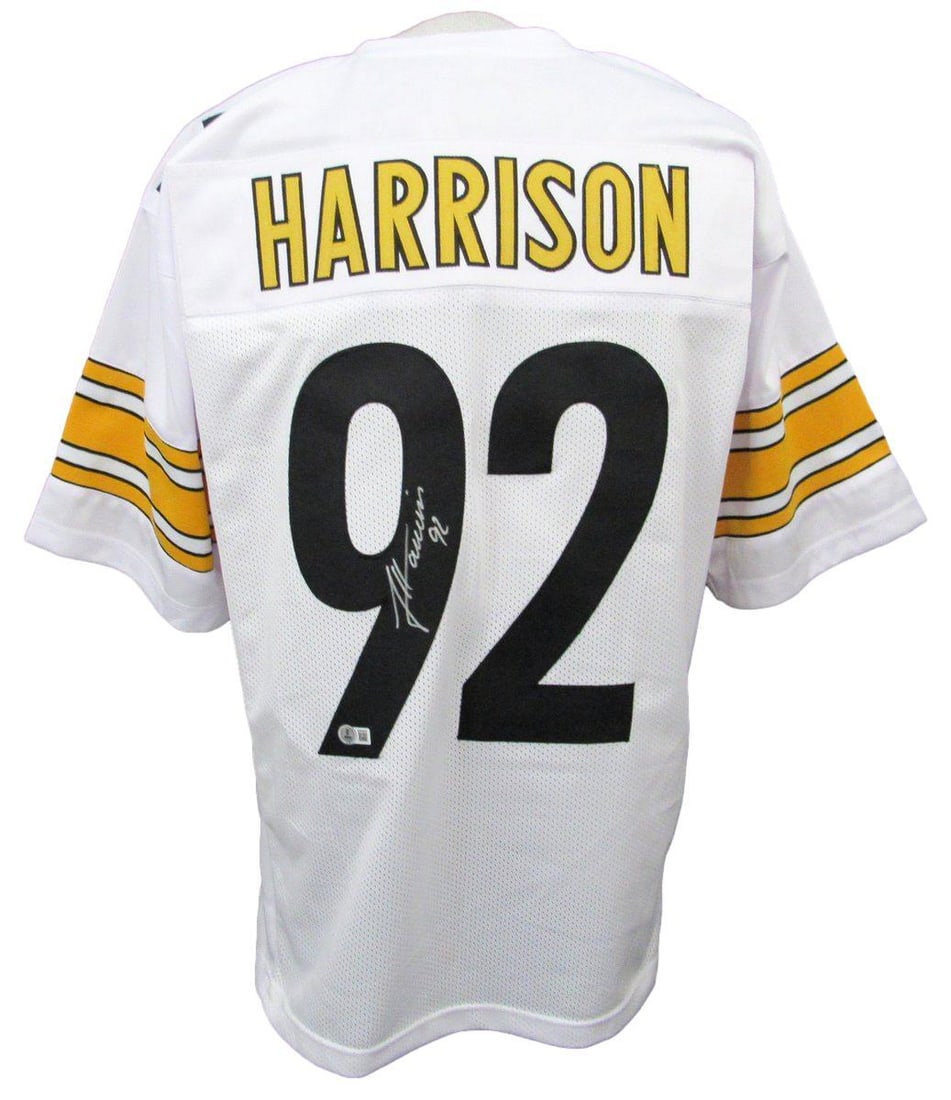 James Harrison Autographed Steelers White Custom Jersey (Beckett #194773): James Harrison Autographed Steelers White Custom Jersey (Beckett #194773) Get ready to show off your Steelers pride with the authentic autograph of James Harrison, one of the most iconic defensive pla