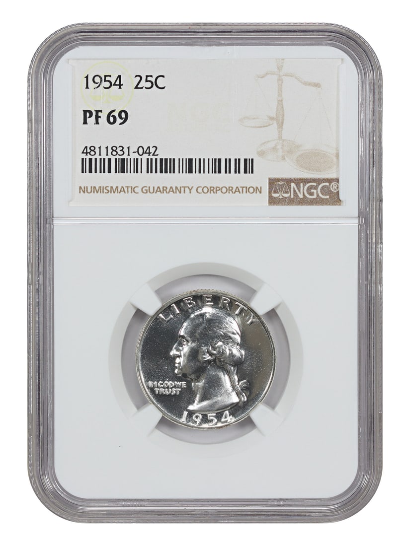 Washington Quarter - 1954 25C NGC PR69: Washington Quarter - 1954 25C NGC PR69 A rare and highly graded 1954 Washington Quarter, certified by the NGC as PR69, boasts exceptional condition with minimal wear. This uncirculated coin is a true