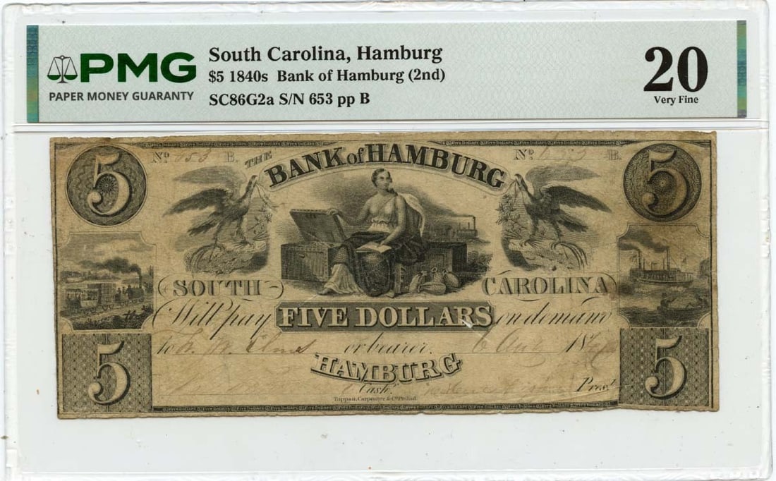 OBSSC86G2a 1840s $5 South Carolina Hamburg Obsolete Note PMG VF20: OBSSC86G2a 1840s $5 South Carolina Hamburg Obsolete Note PMG VF20 A rare and historic $5 Hamburg note from 1840s South Carolina, certified by PMG as VF20, offers a unique opportunity to own a piece of