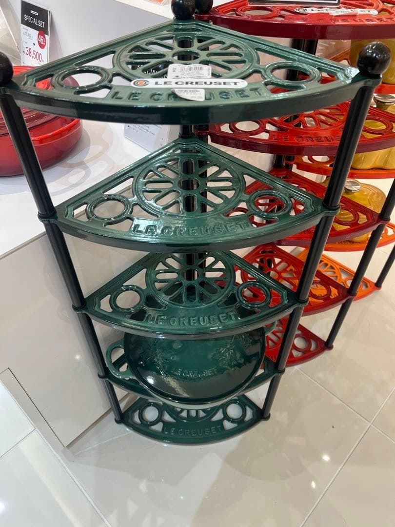 Rare Le Creuset Pot Stand 5Tier Limited Edition Color Artichoke Cast Iron Enamel: Rare Le Creuset Pot Stand 5Tier Limited Edition Color Artichoke Cast Iron Enamel Elevate your kitchen with the stunning 5-tier Artichoke Le Creuset Pot Stand, crafted from wrought iron and boasting a