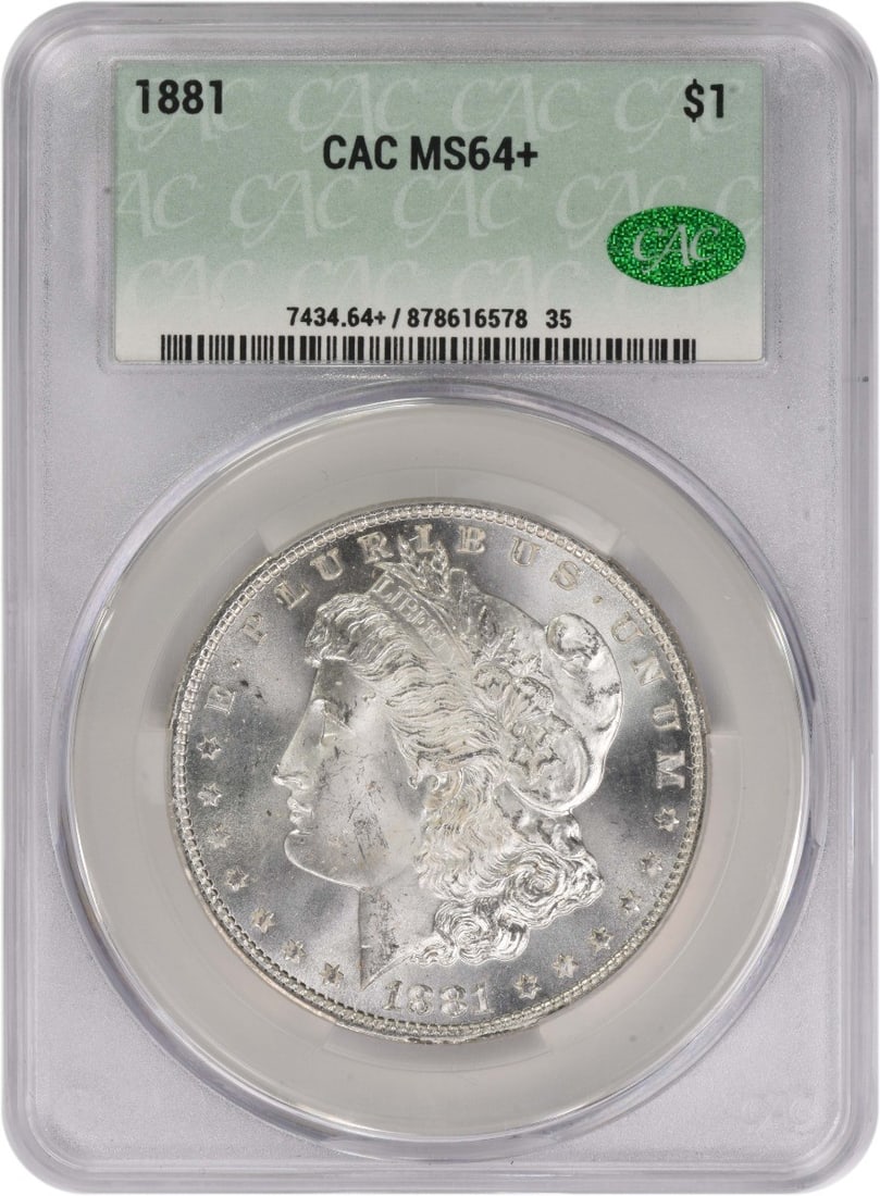 CACG 1881 Morgan Silver Dollar MS64+: CACG 1881 Morgan Silver Dollar MS64+ Experience the majesty of American history with this stunning 1881 Morgan Silver Dollar, certified MS64+ by CACG. With its rich silver composition and reeded edge,