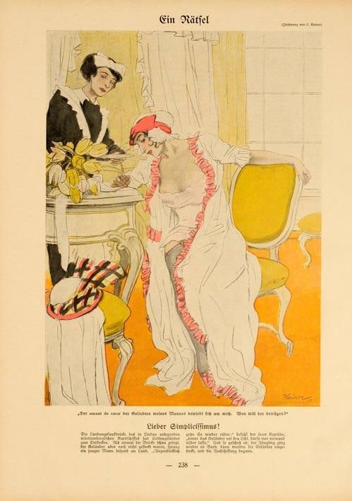 Original Simplicissimus 1913 By Kainer Eine Ratfel On Linen: Original Simplicissimus 1913 By Kainer Eine Ratfel On Linen Experience the elegance of Art Nouveau with this rare 1913 Simplicissimus poster by Kainer, featuring a stunning fashion illustration on hig