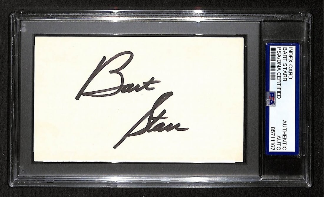 BA203999 Bart Starr HOF Signed/ Autographed 3x5 Index Card PSA/ DNA Packers: BA203999 Bart Starr HOF Signed/ Autographed 3x5 Index Card PSA/ DNA Packers Meet the legendary Bart Starr, one of the greatest quarterbacks in NFL history! This autographed 3x5 index card is a rare tr