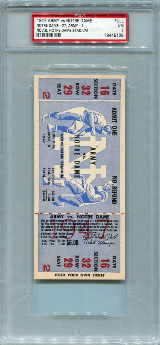 1947 Army Vs. Notre Dame November 8. Stadium Full Game Ticket PSA 7: 1947 Army Vs. Notre Dame November 8. Stadium Full Game Ticket PSA 7 Get ready to relive history with this rare 1947 Army vs. Notre Dame game ticket, graded PSA 7 and certified authentic. This iconic p