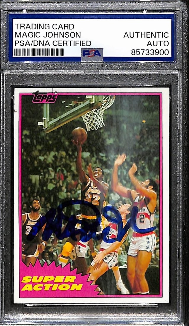 1981-82 Topps Magic Johnson Autographed Card #109 Lakers (PSA/ DNA BA204432): 1981-82 Topps Magic Johnson Autographed Card #109 Lakers (PSA/ DNA BA204432) Get ready to relive the magic of the 80s with this incredibly rare and authentic 1981-82 Topps Magic Johnson Autographed Ca