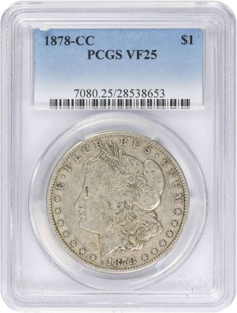 Morgan Silver Dollar (1878-CC) VF25 PCGS: Morgan Silver Dollar (1878-CC) VF25 PCGS A beautiful example of the iconic Morgan Silver Dollar, this 1878-CC coin boasts a striking appearance and rich history. Certified by PCGS as VF25, it showcase