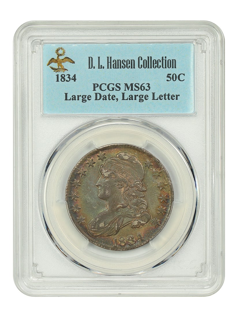 Large Letters) ex: D.L. Hansen - 1834 50C PCGS MS63 (Large Date: Large Letters) ex: D.L. Hansen - 1834 50C PCGS MS63 (Large Date Experience the beauty of American numismatics with this stunning 1834 Half Dollar, graded MS63 by PCGS. This rare coin boasts a striking