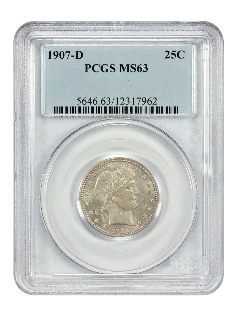 1907-D Barber Quarter MS63 PCGS: 1907-D Barber Quarter MS63 PCGS A rare and highly sought-after 1907-D Barber Quarter, graded MS63 by PCGS, boasts stunning mint state condition with crisp details that showcase the iconic Barber desig