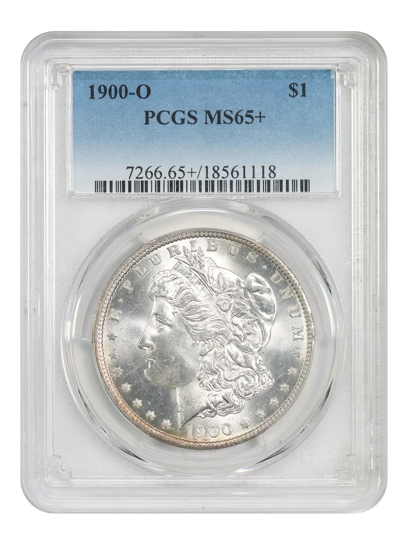 Morgan Dollar - 1900-O $1 PCGS MS65+: Morgan Dollar - 1900-O $1 PCGS MS65+ A rare and highly sought-after 1900-O Morgan Dollar, graded MS65+ by PCGS, boasts exceptional condition with minimal wear, showcasing the beauty of this iconic coi