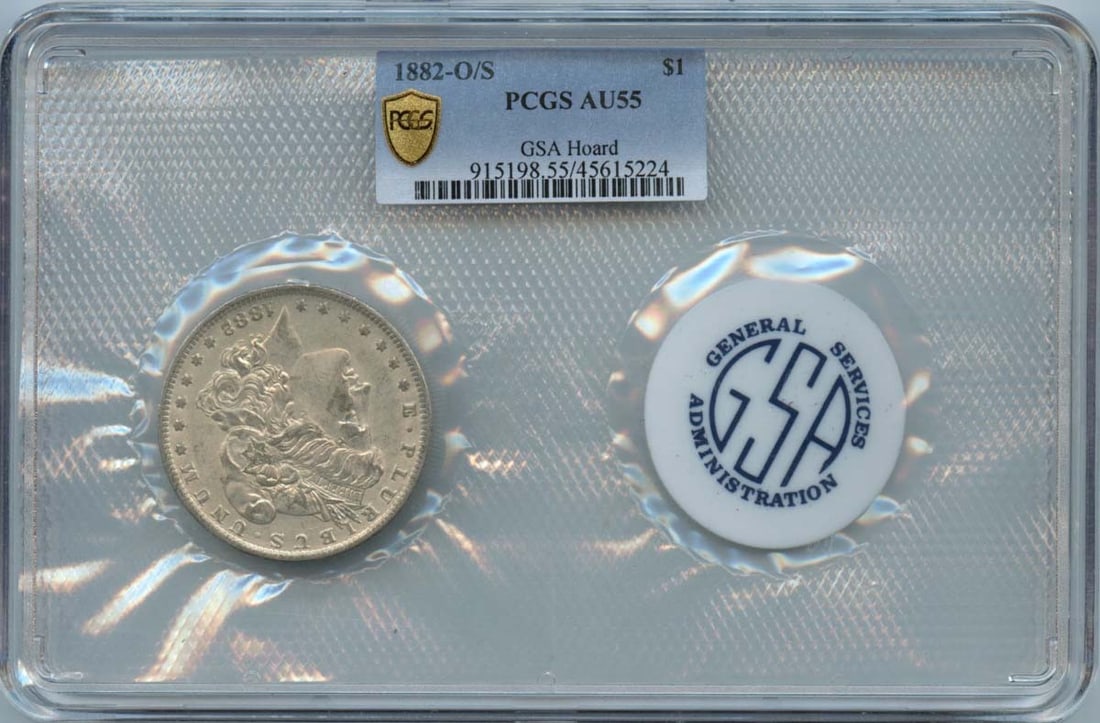 1882-O S$1 Morgan Dollar Soft Pack PCGS AU55: 1882-O S$1 Morgan Dollar Soft Pack PCGS AU55 Experience the rich history of the American dollar with this 1882-O S$1 Morgan Dollar, certified by PCGS as AU55. Struck in New Orleans, one of the earlies