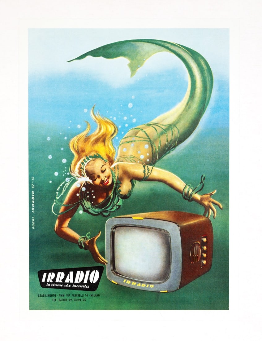 Mermaid La Visione Che Incanta - Irradio Television Poster Gino Boccasile 1957: Mermaid La Visione Che Incanta - Irradio Television Poster Gino Boccasile 1957 Unveil the enchanting world of 1950s Italian advertising with this rare poster by renowned artist Gino Boccasile, titled