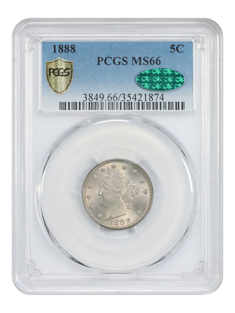 1888 5C PCGS/ CAC MS66 - Liberty Nickel Better Date: 1888 5C PCGS/ CAC MS66 - Liberty Nickel Better Date Experience the beauty of the Liberty Nickel, one of America's most iconic coins, in exceptional condition. This 1888 MS66 coin is certified by both
