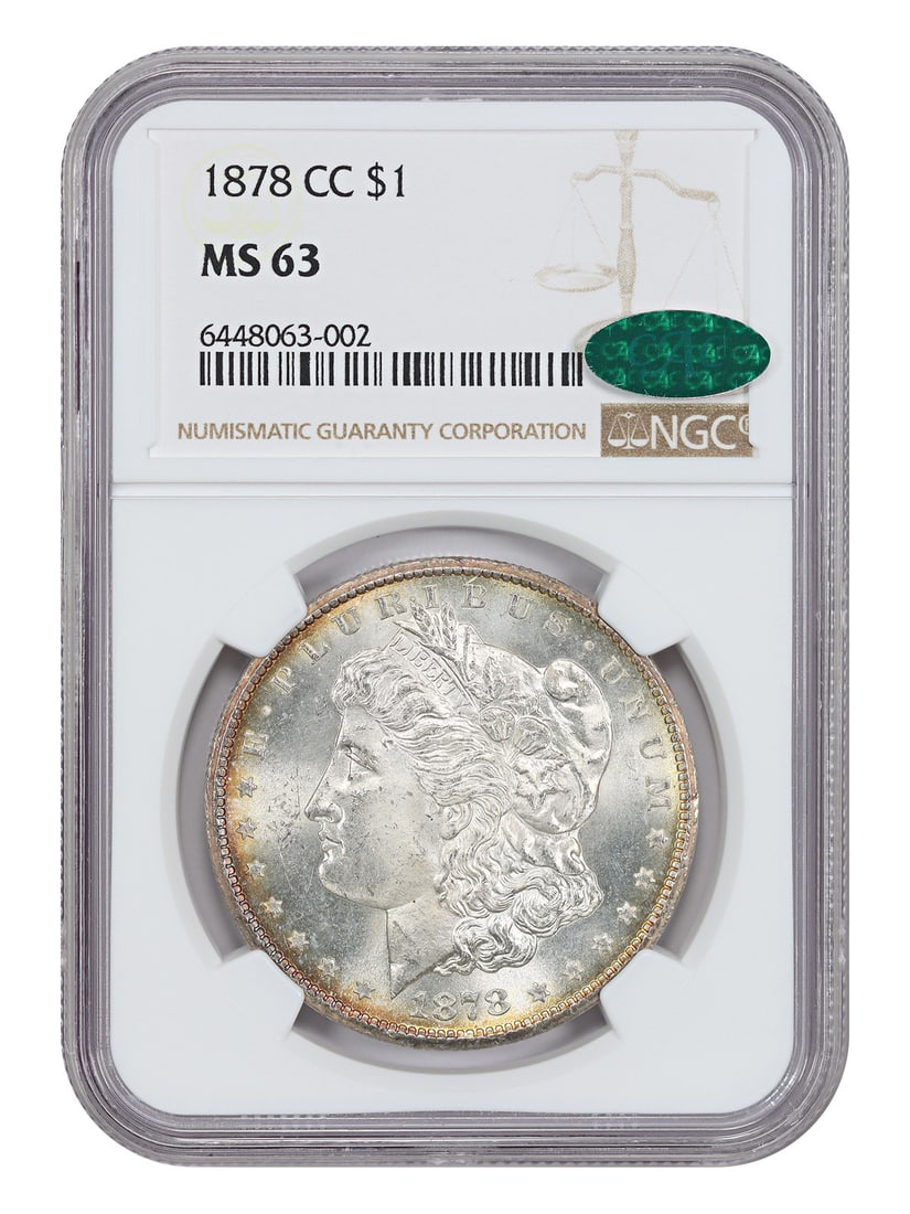 First-Year CC Morgan, 1878-CC $1 MS63, NGC/ CAC: First-Year CC Morgan, 1878-CC $1 MS63, NGC/ CAC Experience the elegance of the 1878 CC Morgan dollar, graded MS63 by NGC and CAC. This stunning example is certified uncirculated, showcasing its origin