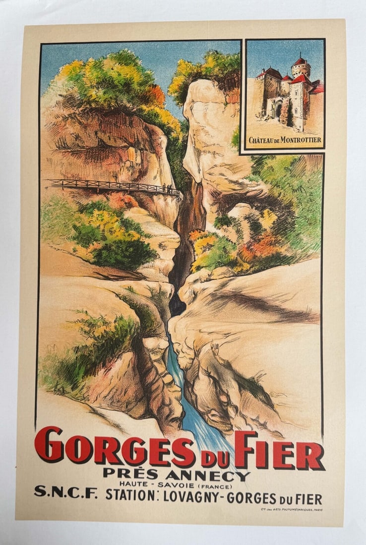 Rare Gorges Du Fier Lake Annecy Sncf Original Vintage Poster 1950: Rare Gorges Du Fier Lake Annecy Sncf Original Vintage Poster 1950 Experience the charm of French travel advertising from the 1950s with this rare Gorges du Fier Lake Annecy Sncf original vintage poste