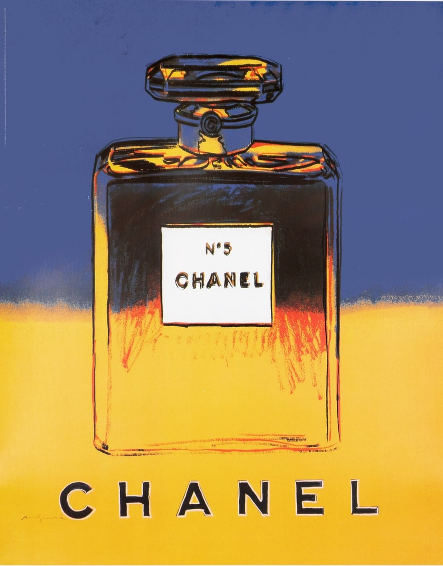Chanel N5 Warhol 1997 Original on Linen, Yellow/ Blue, 22 x 29 Inch: Chanel N5 Warhol 1997 Original on Linen, Yellow/ Blue, 22 x 29 Inch Own a piece of pop art history with this iconic Chanel N5 Warhol poster, signed by the legendary artist himself in 1997. Measuring 2