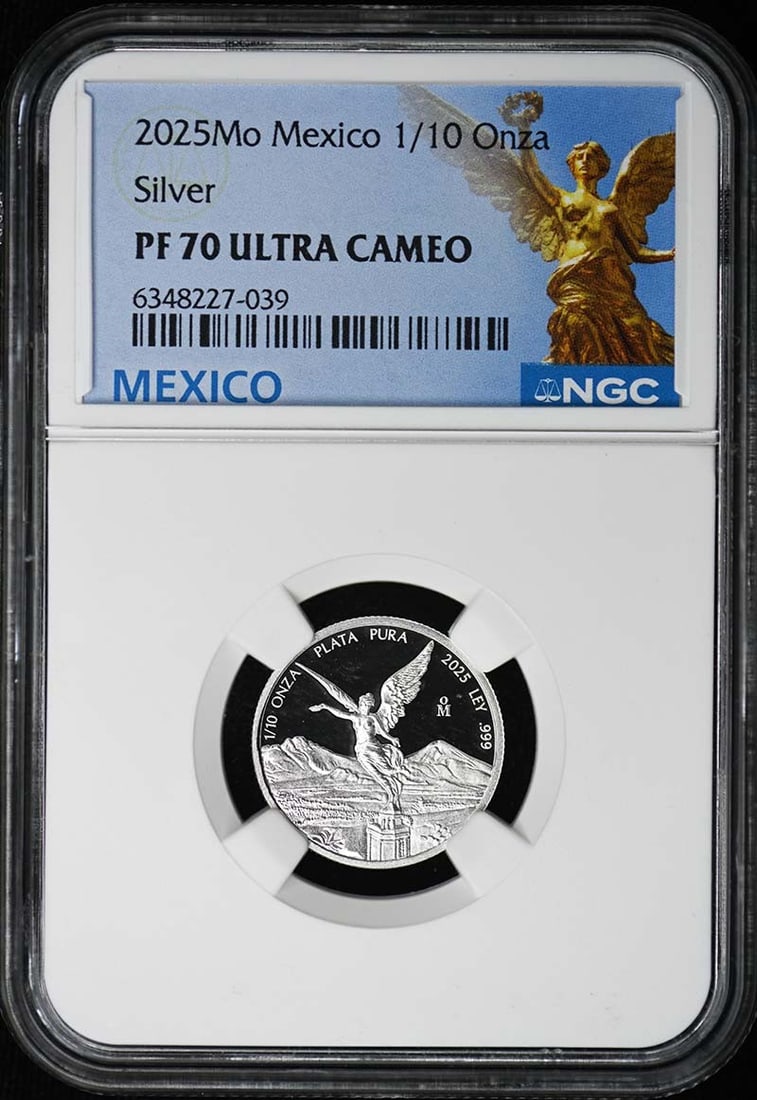 1500 2025 Mo Mexico 1/ 10 Onza Libertad Silver NGC PF70UC Low Mintage: 1500 2025 Mo Mexico 1/ 10 Onza Libertad Silver NGC PF70UC Low Mintage Experience the allure of Mexico's iconic Libertad series with this stunning 2025 1/10 oz silver coin, certified by NGC as PR70UC a