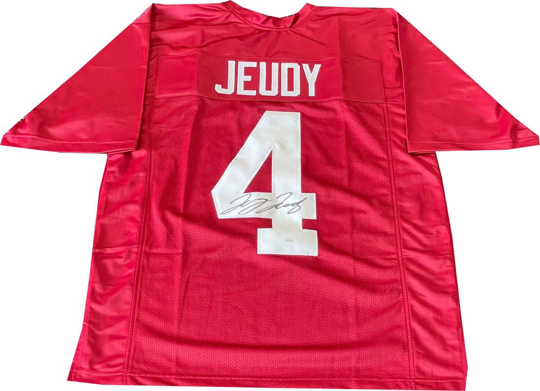 (JSA) Jerry Jeudy Autographed Alabama Custom Jersey: (JSA) Jerry Jeudy Autographed Alabama Custom Jersey Get ready to show off your Alabama pride with this unique, autographed jersey from Jerry Jeudy! Authenticated by the reputable James Spence Authenti