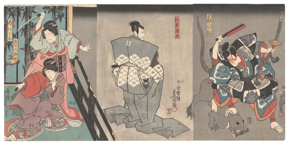makeup Toyokuni III woodblock print triptych geisha wakazashi men katana kimono: makeup Toyokuni III woodblock print triptych geisha wakazashi men katana kimono A stunning triptych woodblock print by renowned Japanese artist Toyokuni III, this 19th-century geisha scene is adorned