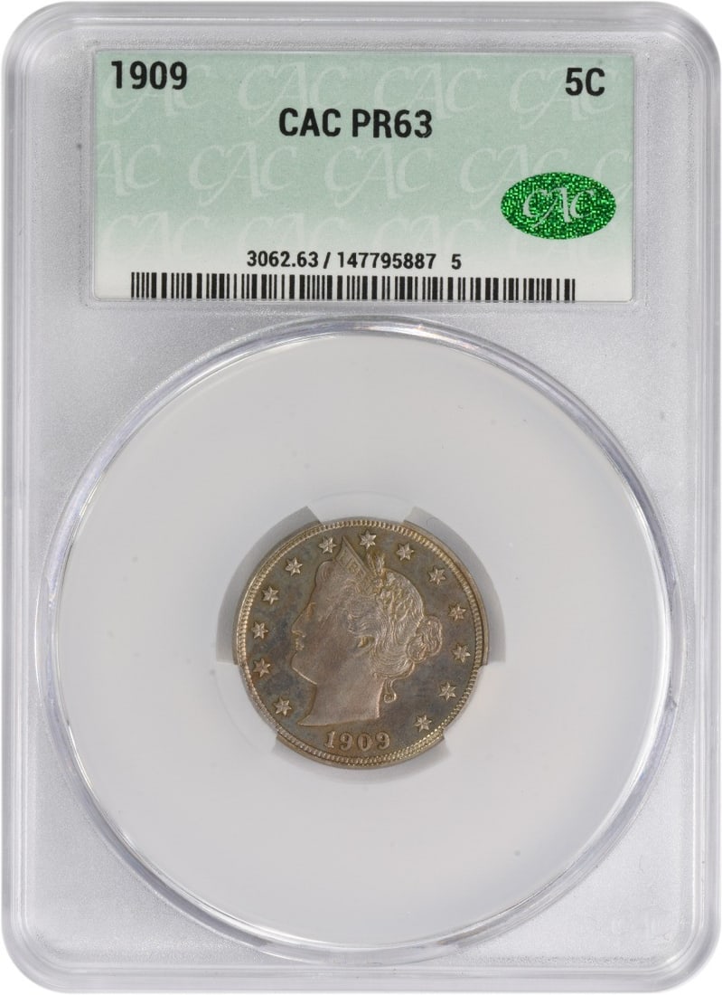 1909 Liberty Nickel, PR63, CACG: 1909 Liberty Nickel, PR63, CACG A stunning example of American numismatics, this 1909 Liberty Nickel boasts a beautiful PR63 grade and is certified by the CACG, one of the most respected coin grading