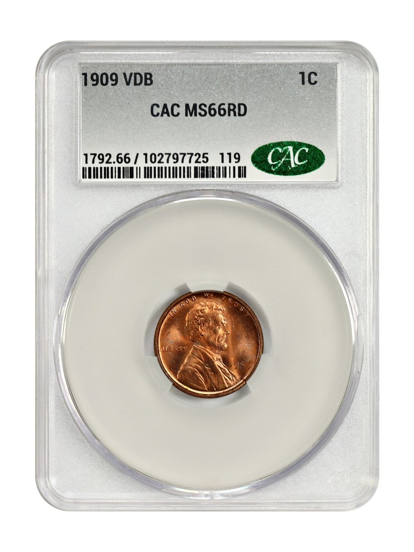1909 VDB Lincoln Cent MS66RD - Wheat Reverse, Popular VDB Issue: 1909 VDB Lincoln Cent MS66RD - Wheat Reverse, Popular VDB Issue A rare and highly sought-after 1909 VDB Lincoln Cent, graded MS66RD by the CACG, boasts stunning details on its wheat reverse design. As
