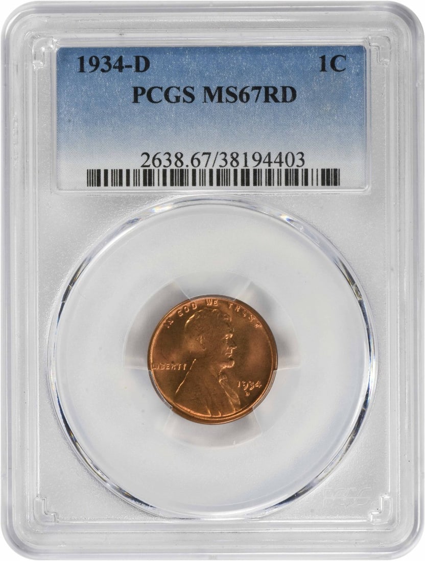 PCGS 1934-D Lincoln Cent MS67RD: PCGS 1934-D Lincoln Cent MS67RD A rare and highly sought-after 1934-D Lincoln Wheat cent, graded MS67RD by PCGS, boasts exceptional condition with rich red coloration typical of circulated coins from