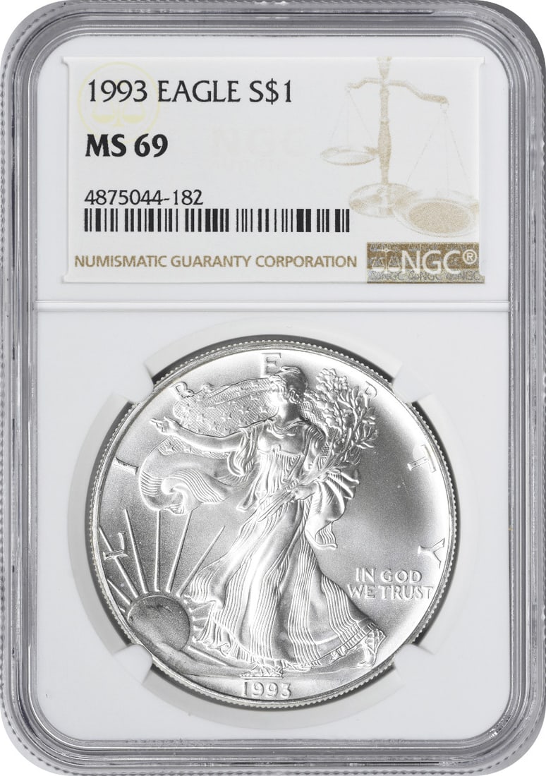 69 1993 American Silver Eagle Dollar MS69 NGC Mint State: 69 1993 American Silver Eagle Dollar MS69 NGC Mint State Exceptional 69 1993 American Silver Eagle available for auction. Review complete item specifications below for detailed information. Item Speci