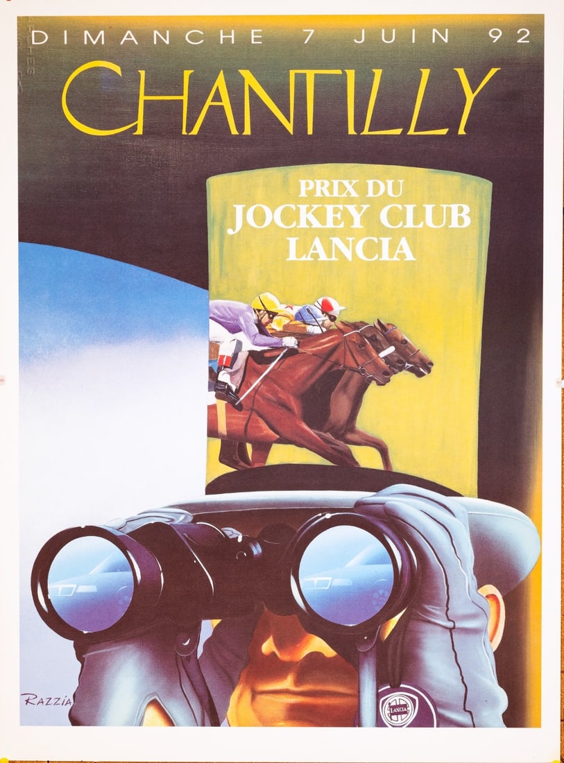 Lancia Poster 2230 Serigraph Horse - Razzia Chantilly Prix Du Jockey Club 1992: Lancia Poster 2230 Serigraph Horse - Razzia Chantilly Prix Du Jockey Club 1992 Experience the elegance of French Art Deco with this stunning poster from Razzia, featuring a majestic horse racing scene