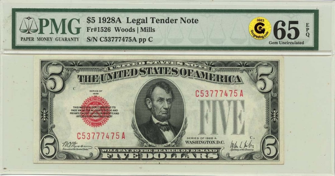 Gold 1928A $5 Legal Tender Note FR#1526 PMG GEM 65 EPQ GCC: Gold 1928A $5 Legal Tender Note FR#1526 PMG GEM 65 EPQ GCC Experience the beauty of a rare 1928A $5 gold legal tender note, certified by PMG as MS65 Uncirculated and graded EPQ (Extraordinary Paper Qu