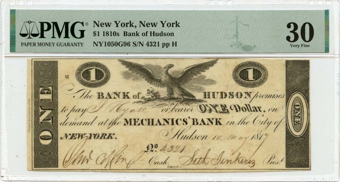 1817 $1 New York, York Obsolete Note Bank of Hudson PMG VF30: 1817 $1 New York, York Obsolete Note Bank of Hudson PMG VF30 A rare and highly sought-after piece of American financial history, the 1817 $1 New York note is a true treasure for collectors. Certified