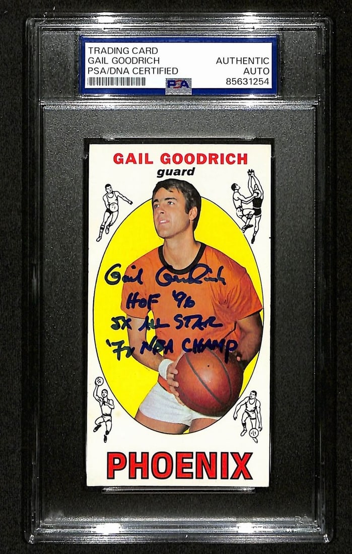 201349 Gail Goodrich HOF Signed/ Inscr 1969-70 TOPPS RC Card #2 Suns PSA/ DNA: 201349 Gail Goodrich HOF Signed/ Inscr 1969-70 TOPPS RC Card #2 Suns PSA/ DNA Experience the iconic Gail Goodrich, a Hall of Fame shooting guard, in his prime with this rare 1969-70 Topps RC card #2,