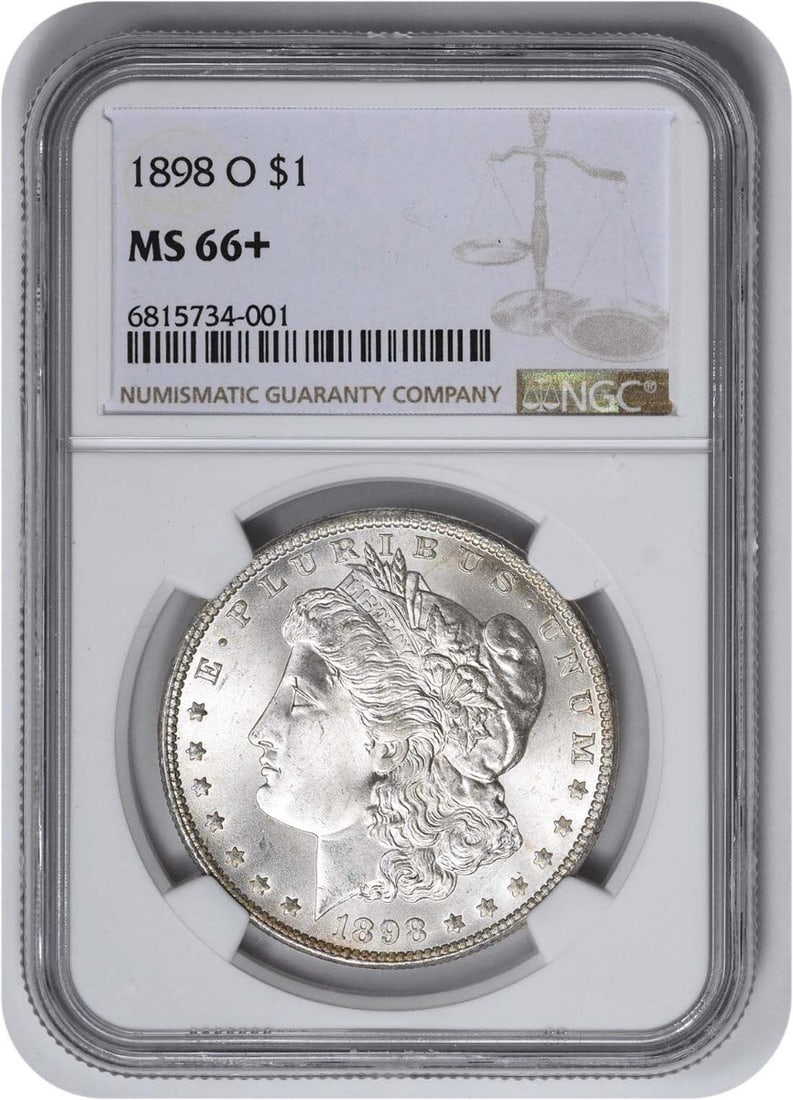 NGC 1898-O Morgan Silver Dollar MS66+: NGC 1898-O Morgan Silver Dollar MS66+ Experience the majesty of the 1898-O Morgan Silver Dollar, certified MS66+, with its stunning reeded edge and rich, silver tone. This highly sought-after coin is