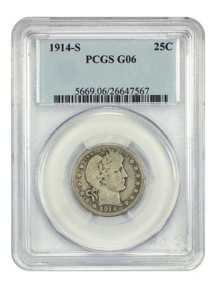 1914-S 25C PCGS Good 06 - Barber Quarter Better Date: 1914-S 25C PCGS Good 06 - Barber Quarter Better Date A rare and highly sought-after 1914-S Barber Quarter, graded PCGS Good 06, is up for auction. This circulated coin boasts a striking date that's be