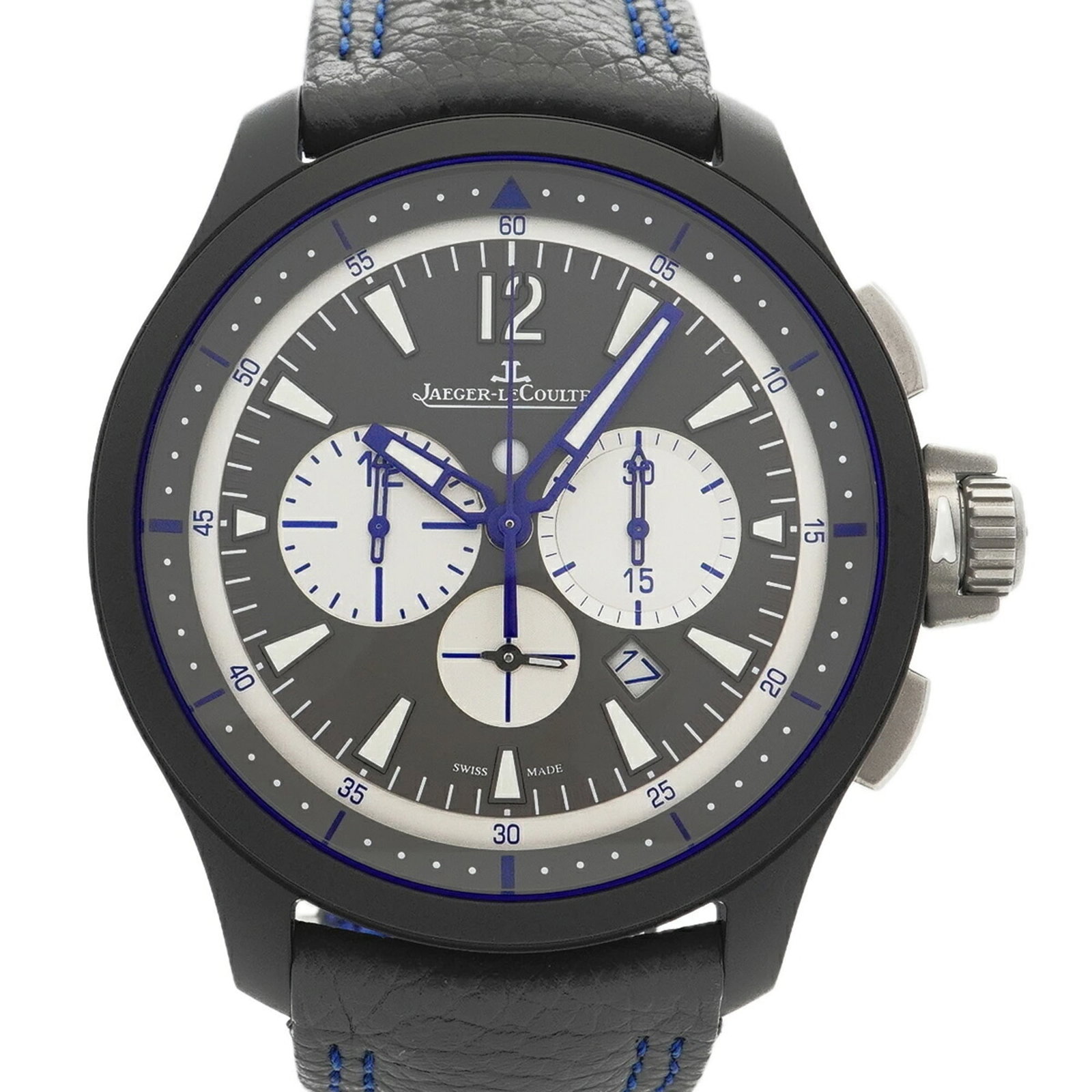 Jaeger-LeCoultre Wristwatch: Jaeger-LeCoultre Wristwatch A pre-owned Jaeger-LeCoultre wristwatch that exudes classic elegance, boasting a 46mm gray leather strap and subtle scratches that add to its worn-in charm. This iconic tim