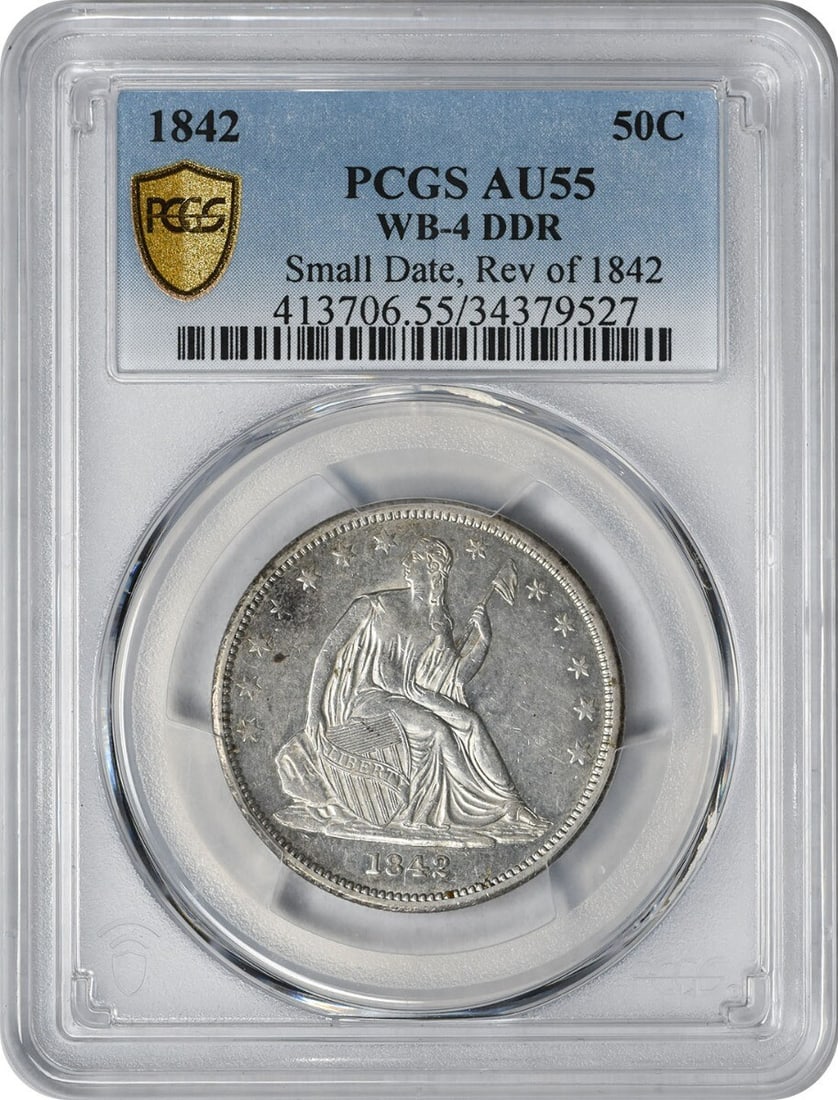 1842 Liberty Seated Silver Half Dollar Small Date Rev of WB-4 DDR AU55 PCGS: 1842 Liberty Seated Silver Half Dollar Small Date Rev of WB-4 DDR AU55 PCGS A rare and historically significant 1842 Liberty Seated Silver Half Dollar, graded AU55 by PCGS, boasts a small date and Rev