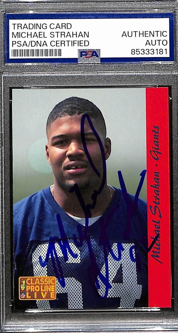 187962 Michael Strahan HOF Signed 1993 Pro Line Live Card #195 Rookie Giants PSA: 187962 Michael Strahan HOF Signed 1993 Pro Line Live Card #195 Rookie Giants PSA Get ready to relive the glory days of Michael Strahan's NFL career with this autographed 1993 Pro Line Live Card, signe