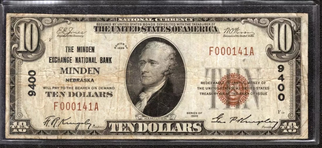 1929 $10 MINDEN EXCHANGE NATIONAL BANKNOTE CURRENCY NEBRASKA (141A): 1929 $10 MINDEN EXCHANGE NATIONAL BANKNOTE CURRENCY NEBRASKA (141A) A rare and highly sought-after 1929 $10 MINDEN EXCHANGE NATIONAL BANKNOTE from Nebraska, certified as circulated. This unique piece