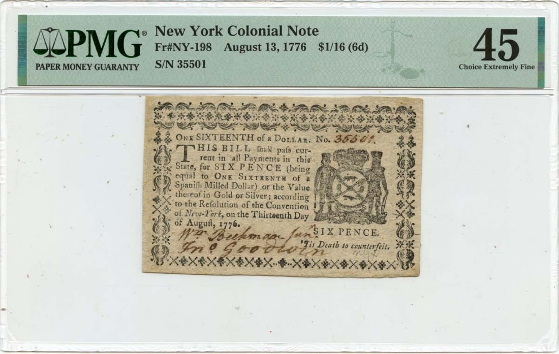 $1/ 16 New York Colonial Note FR#NY-198 PMG XF45 Scarce - 1776 August 13: $1/ 16 New York Colonial Note FR#NY-198 PMG XF45 Scarce - 1776 August 13 Rarity seekers, rejoice! This 1776 August 13 New York Colonial Note is a true treasure, boasting an XF45 grade from the renowne